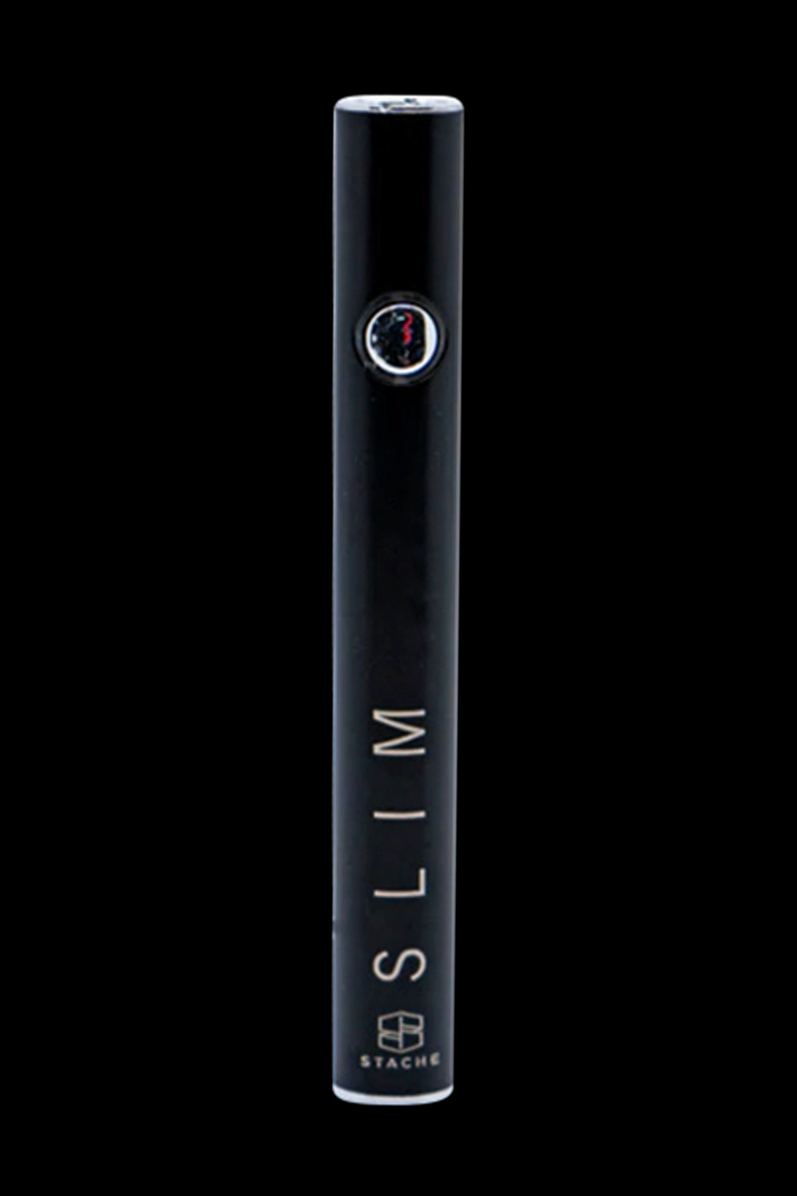 Black cannabis vape pen with “SLIM” vertically printed on the side.