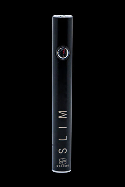 Black cannabis vape pen with “SLIM” vertically printed on the side.