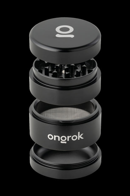Black four-piece cannabis grinder with “Onorok” logo.
