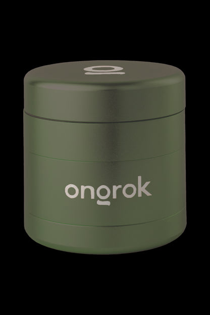 Olive green Onrok cannabis storage container with logo.