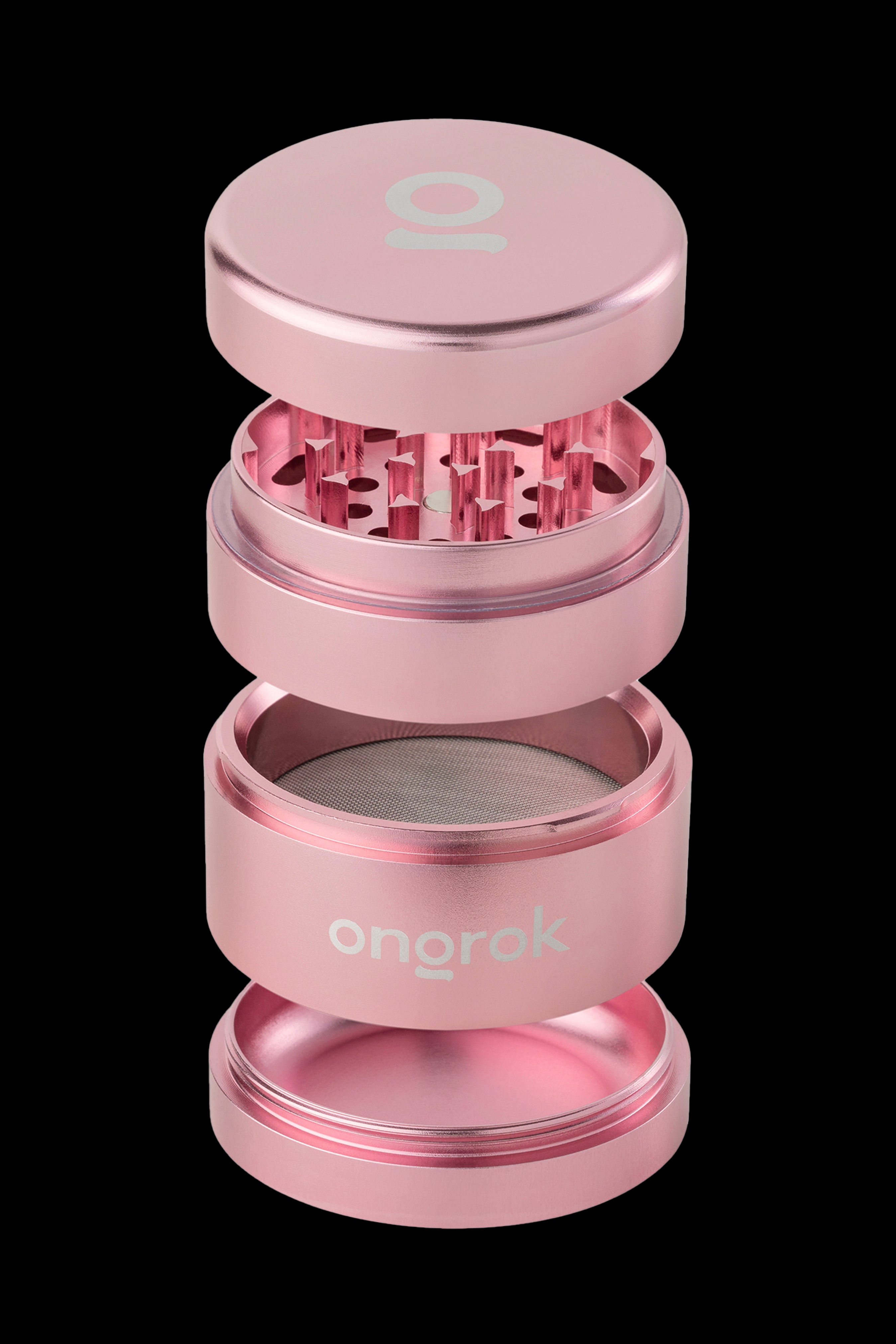 Pink four-piece cannabis grinder with the brand name "Onoro" etched on the middle section.