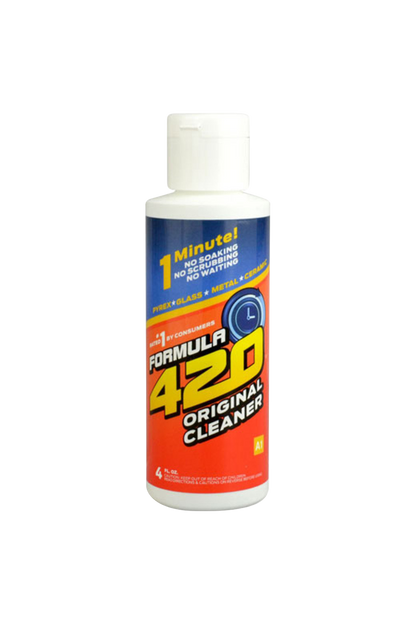 Front view of the 4oz Formula 420 Original Glass Cleaner bottle with a vibrant yellow label and clear liquid inside.