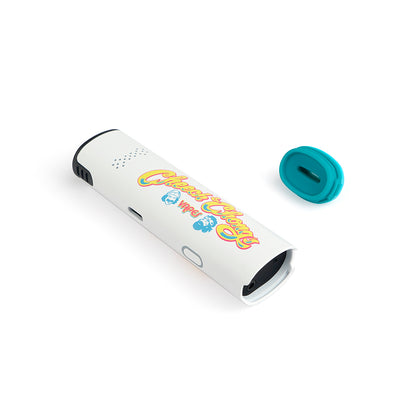 White cannabis vaporizer pen with colorful branding and open cap, isolated on a white background.