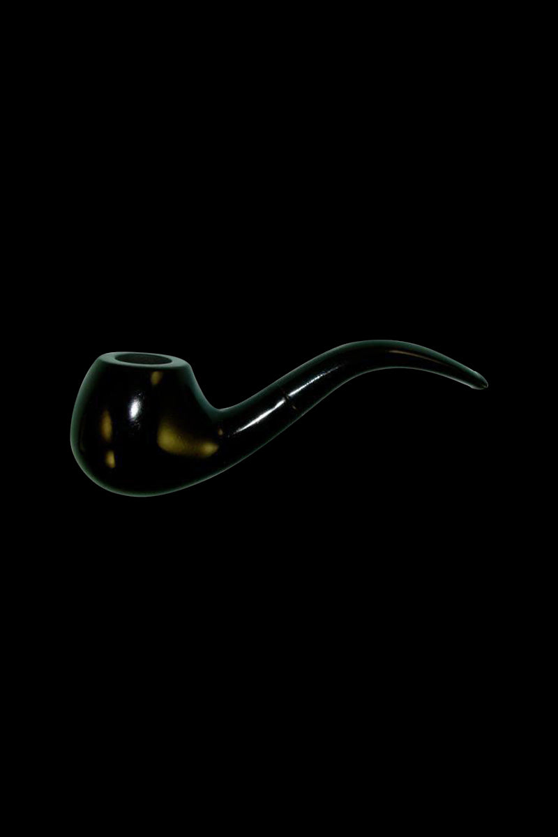 A side view of the Pulsar Bent Ebony Tobacco Pipe, showcasing its curved shape and dark, polished finish.