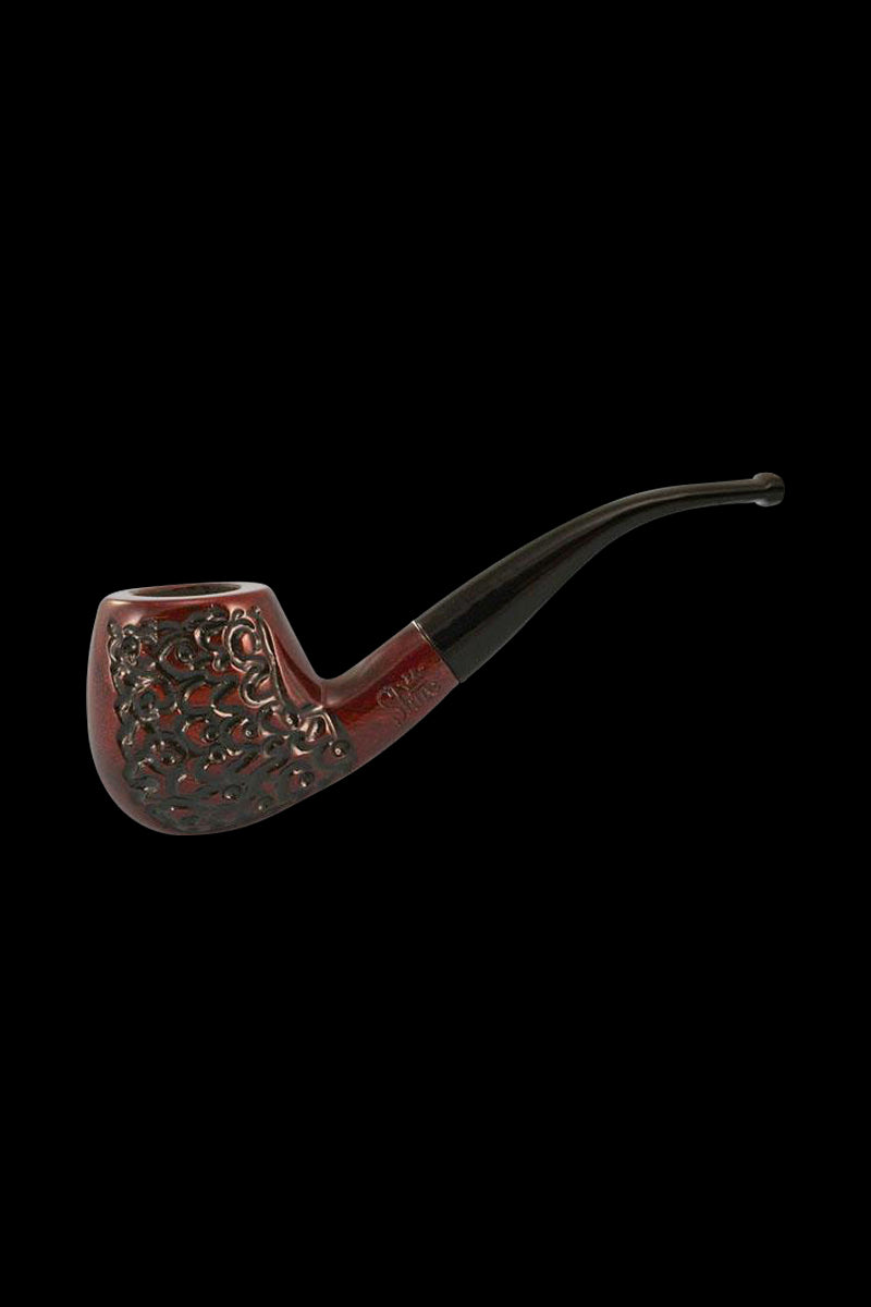 A side view of the Pulsar Engraved Bent Apple Rosewood Tobacco Pipe, showcasing the detailed engraving on the dark wood bowl.