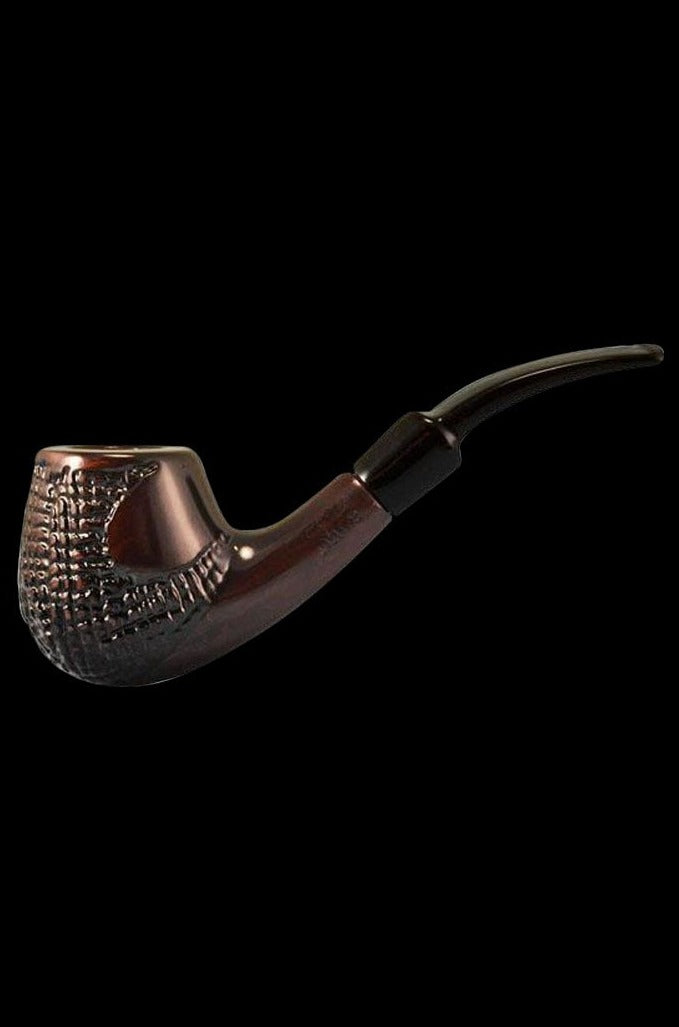 A side view of the Pulsar Engraved Brandy Cherry Tobacco Pipe, showing the detailed engraving on its curved bowl.