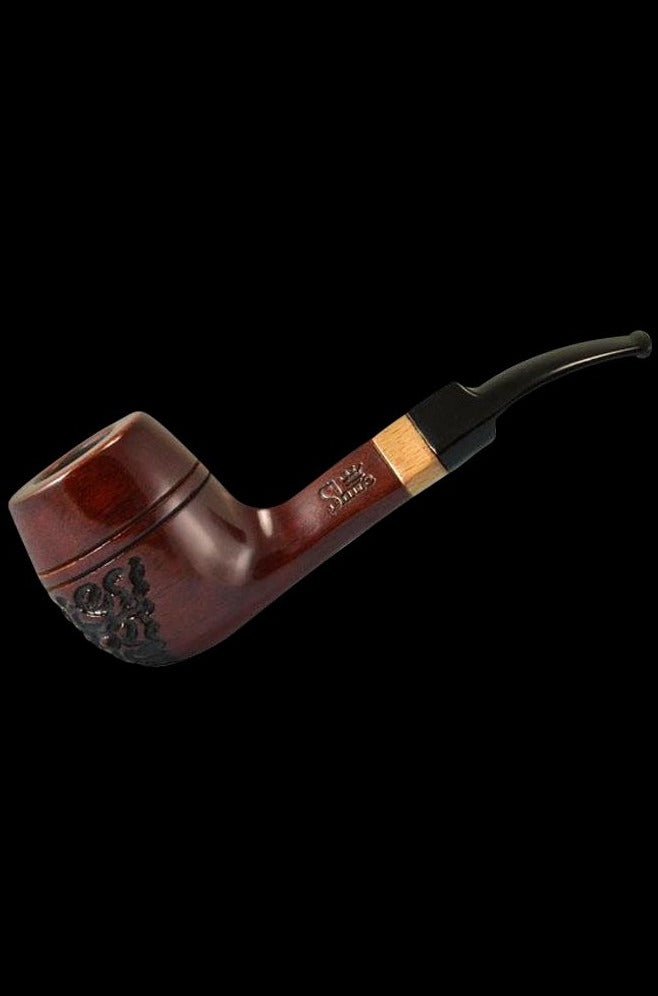 Close-up of the Engraved Bulldog Rosewood Pipe, showcasing its curved shape and detailed engravings against a dark background.