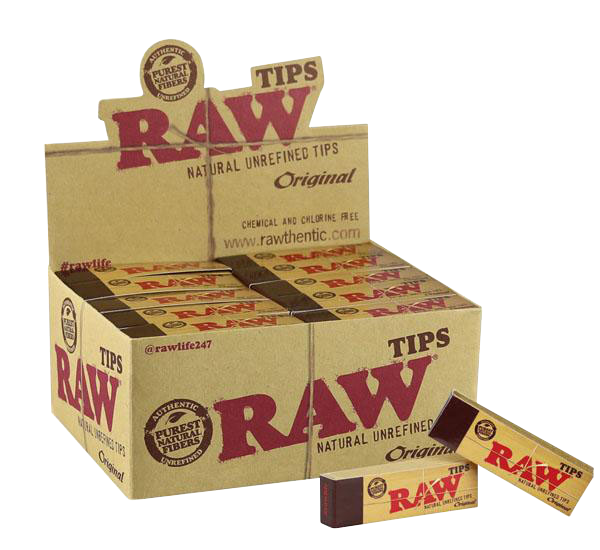 A close-up of the RAW Natural Unrefined Tips packaging, displaying the brand logo and product name on a cardboard box.