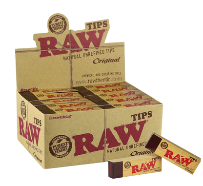 Front view of the RAW Natural Unrefined Tips packaging, showcasing the brand logo and product name on a cardboard box.