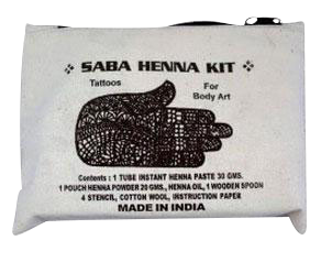 Front view of the Saba Henna Kit packaging, displaying white text on a dark background.