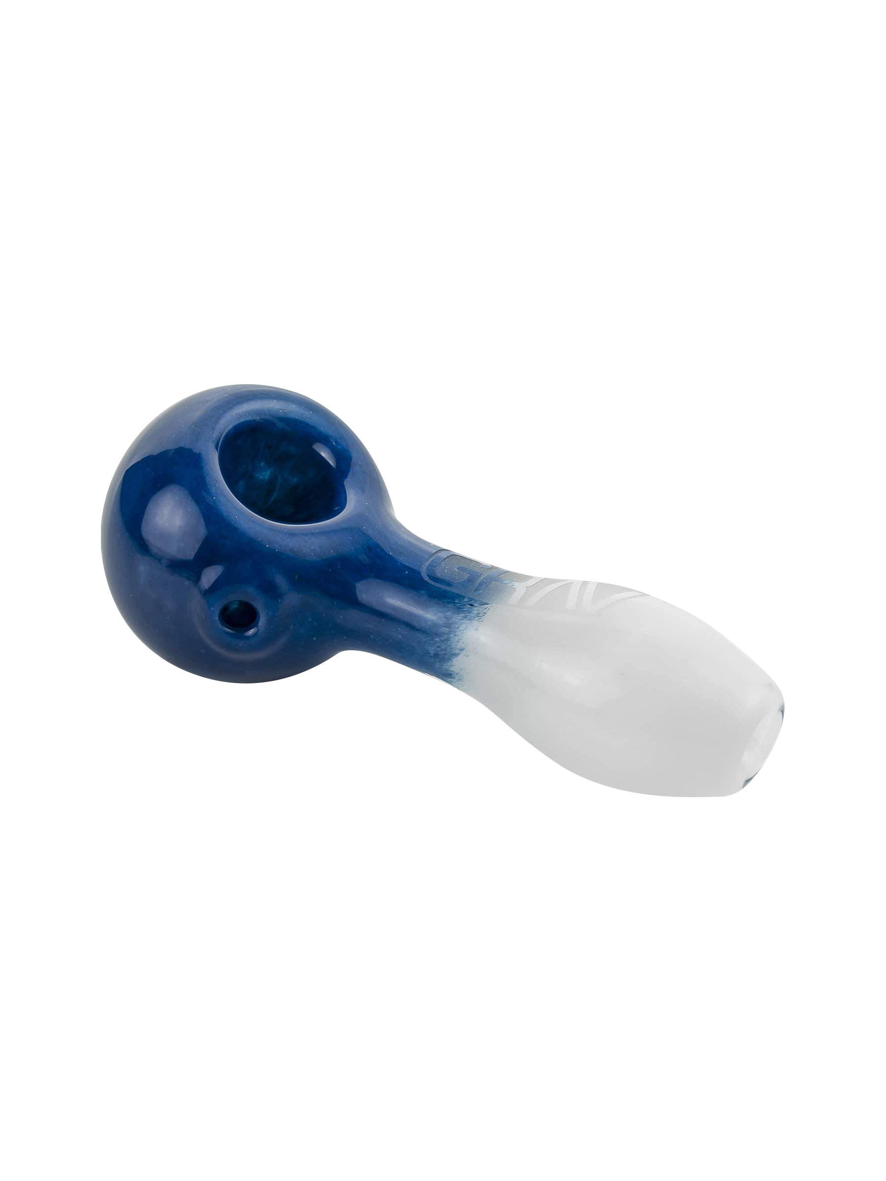 A close-up, angled view of the GRAV® Frit Spoon, showing its dark blue glass and curved design.