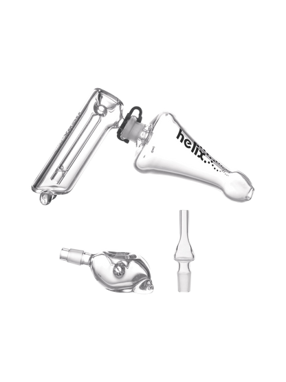 A side view of the GRAV® Helix Bubbler Multi Kit, showcasing its clear glass construction and curved design.
