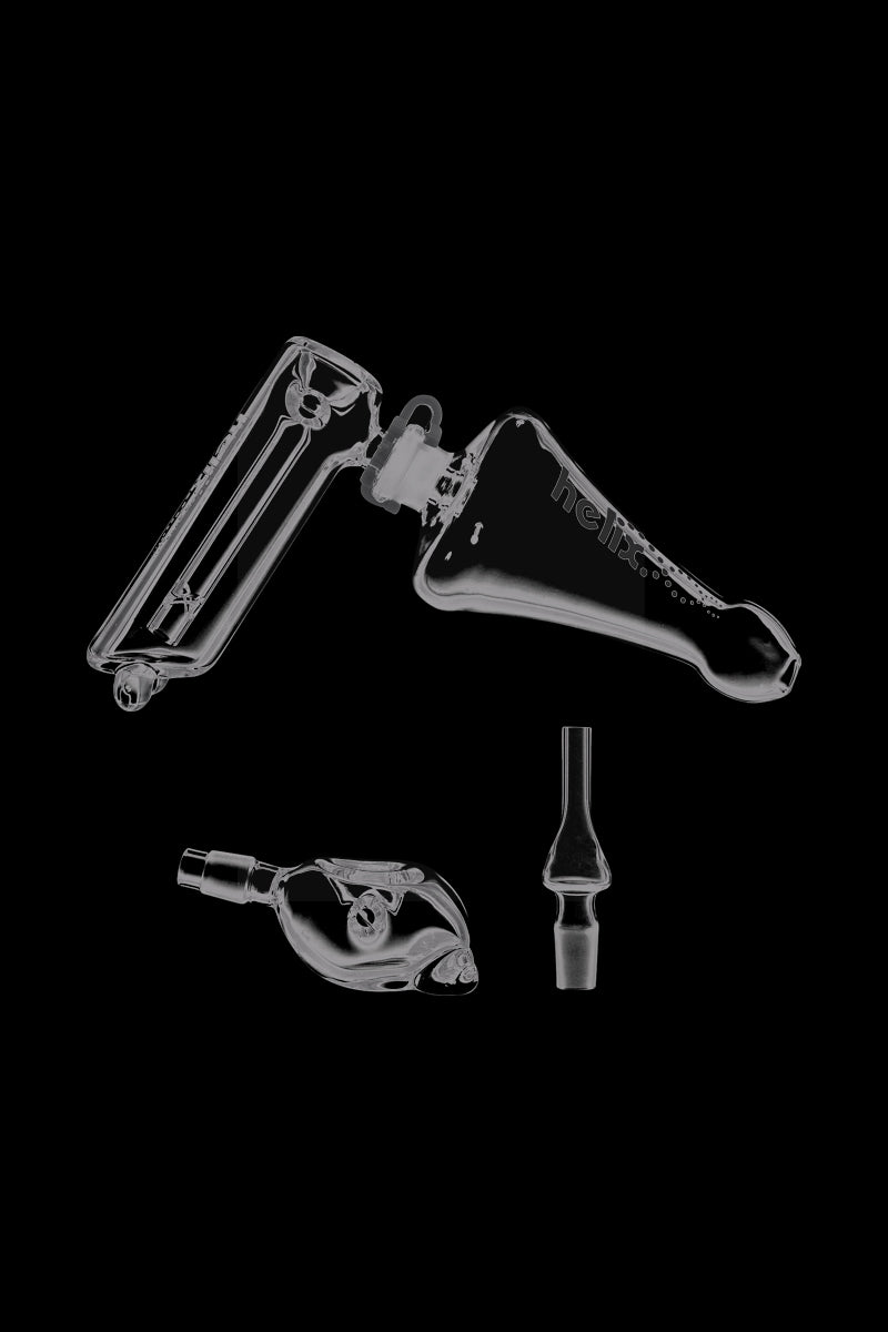 A studio shot of the GRAV® Helix Bubbler Multi Kit, showcasing the clear glass bubbler angled slightly from above.