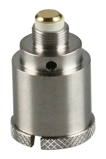 A close-up, angled view of the Pulsar Barb Fire Wax Mod Replacement Coil, showcasing its metallic construction and detailed threading.