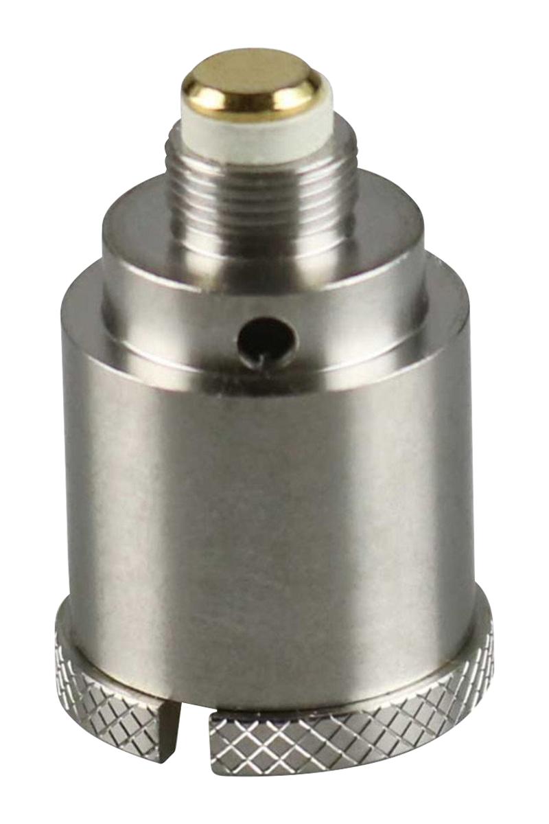 A close-up, angled view of the Pulsar Barb Fire Wax Mod Replacement Coil, showcasing its metallic construction and detailed threading.