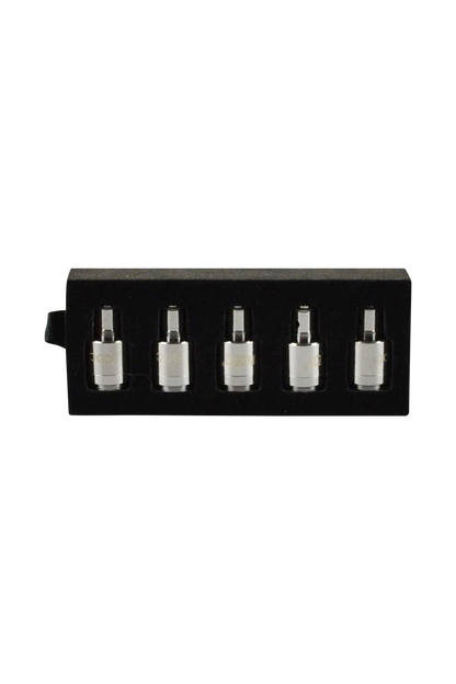 A close-up, top-down view of the five Yocan Pandon & Evolve Dual Quartz Coils, displaying their metallic finish and compact size.