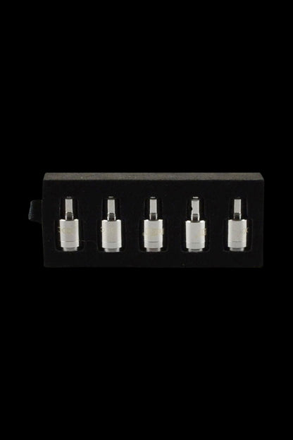 A close-up of the Yocan Pandon & Evolve Dual Quartz Coils – 5 Pack – arranged in a row against a dark background.