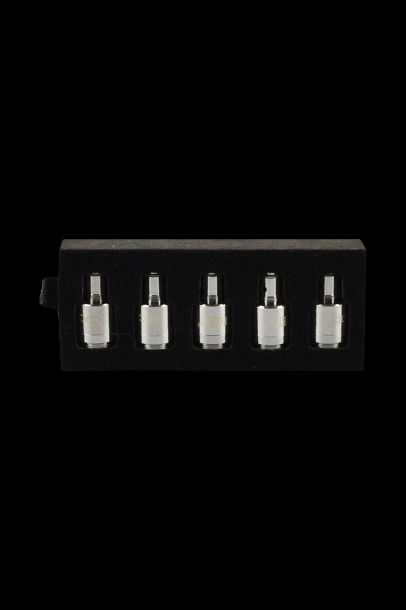 A close-up of the Yocan Pandon & Evolve Dual Quartz Coils – 5 Pack – arranged in a row against a dark background.