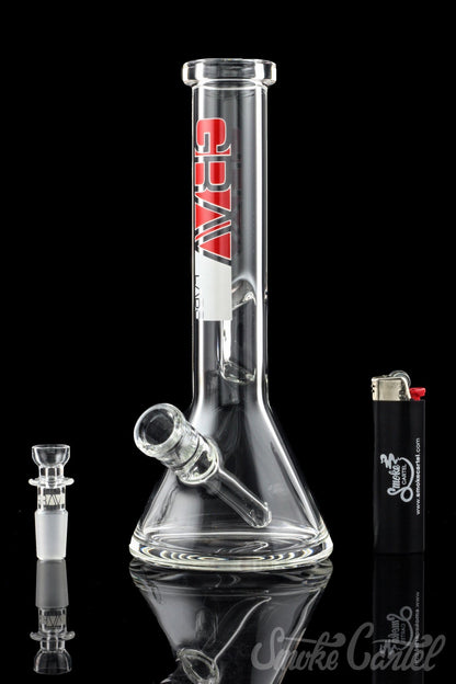 Front view of the GRAV® 8" Basic Beaker Bong, showcasing its clear glass construction against a dark background.