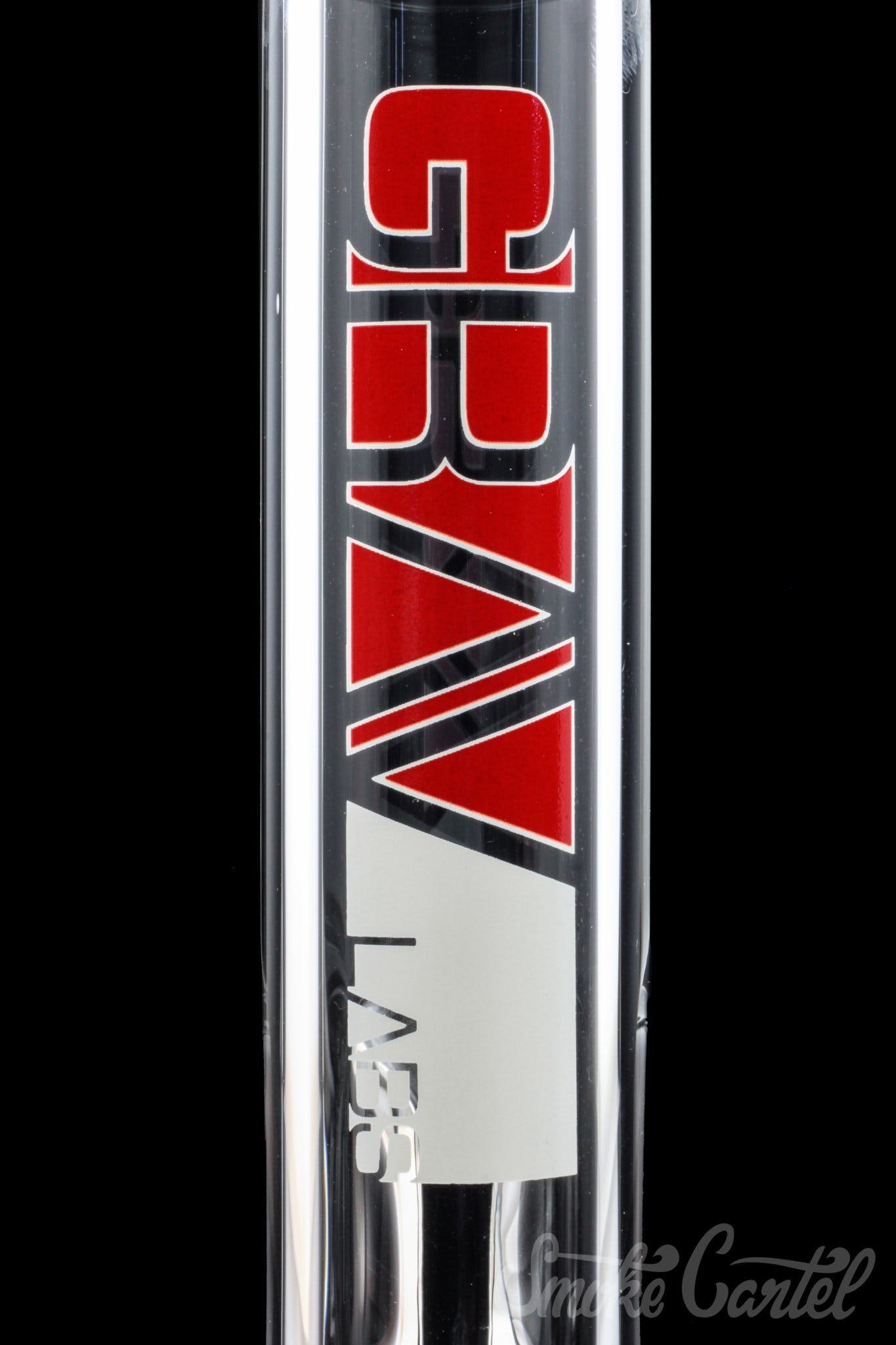 Front view of the GRAV® 8" Basic Beaker Bong, with a clear glass body and brand name prominently displayed along its length.