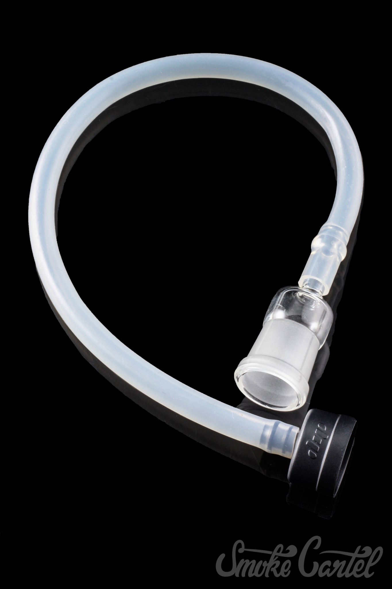 A detailed side view of the Dip Devices DipWhip Attachment, a curved clear glass piece with a rounded joint.