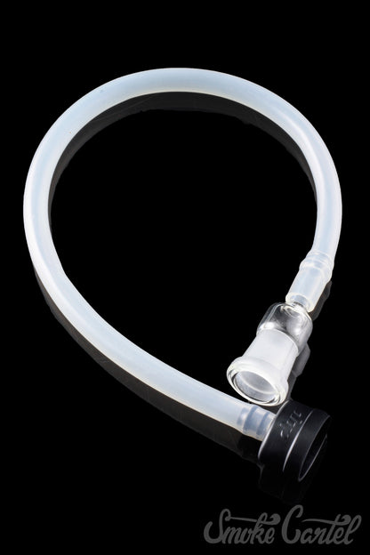 A slightly angled studio shot of the Dip Devices DipWhip Attachment, a clear glass piece with a curved form.