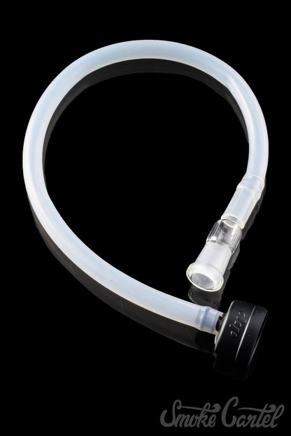 A side view of the Dip Devices DipWhip Attachment, showing a clear, curved glass tube with a smooth, minimalist design.