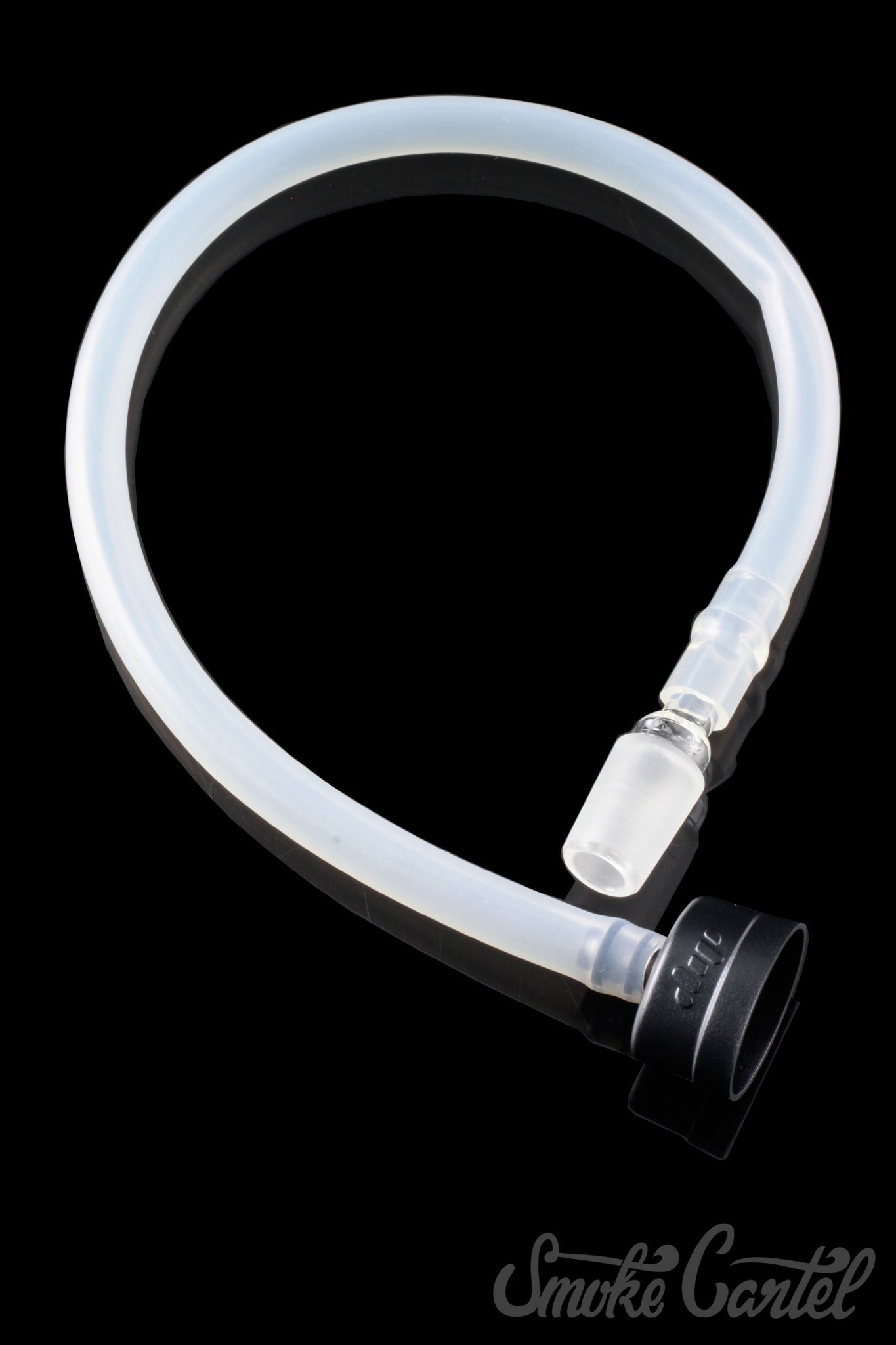 A close-up, angled view of the Dip Devices DipWhip Attachment, a clear glass piece with a curved design.