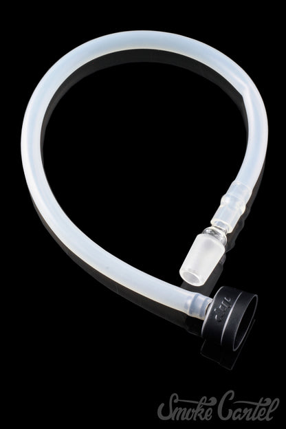 A close-up, angled view of the Dip Devices DipWhip Attachment, a clear glass piece with a curved design.