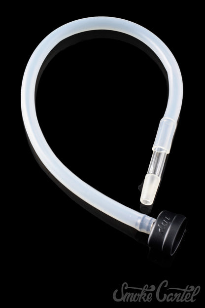 A close-up, angled view of the Dip Devices DipWhip Attachment, a clear, curved glass piece with a smooth, polished finish.