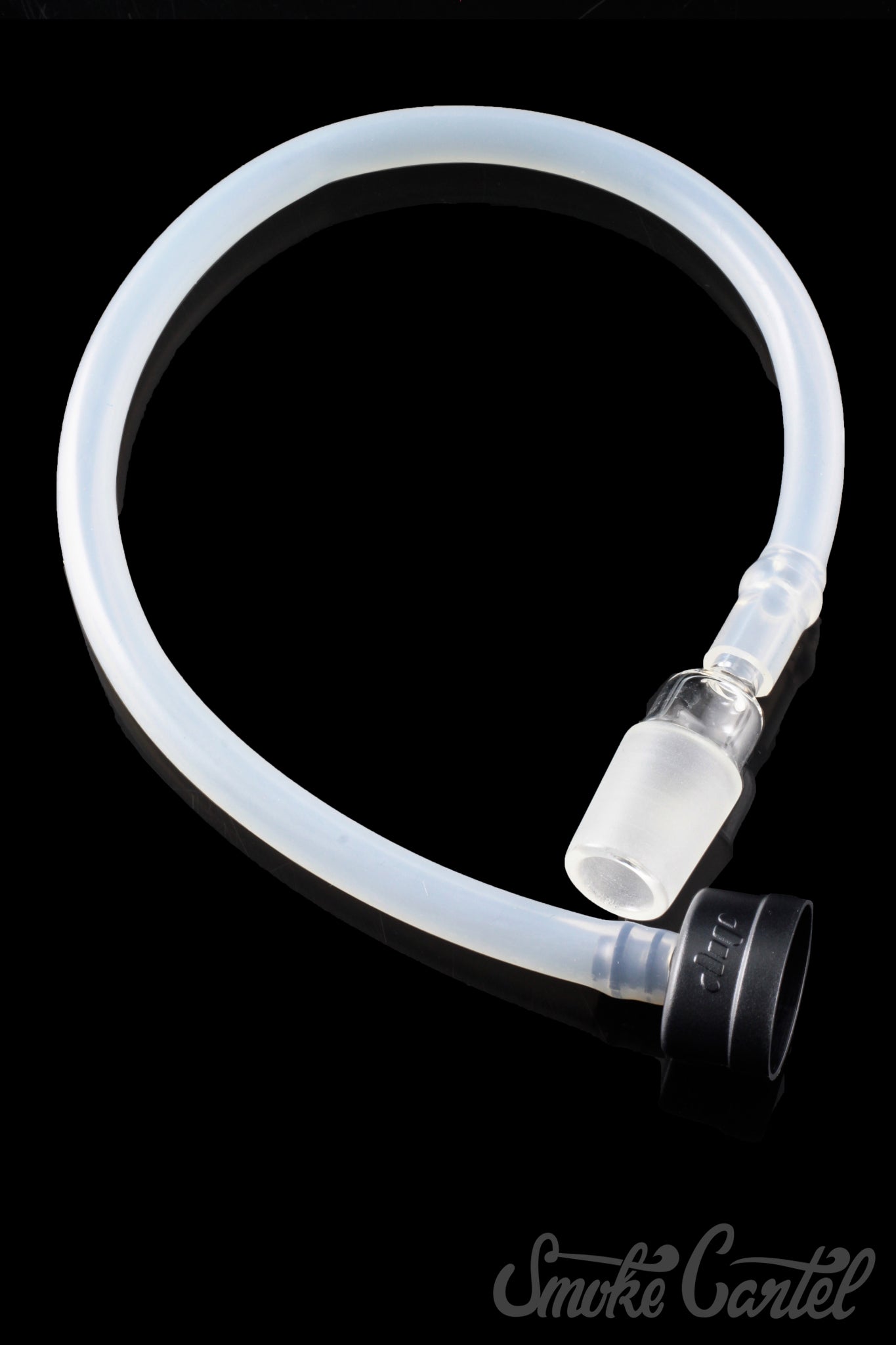 A slightly angled, close-up view of the Dip Devices DipWhip Attachment, a clear, curved glass piece.