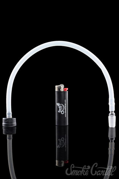 A close-up, angled view of the Dip Devices DipWhip Attachment, showcasing its clear glass construction and smooth curves.