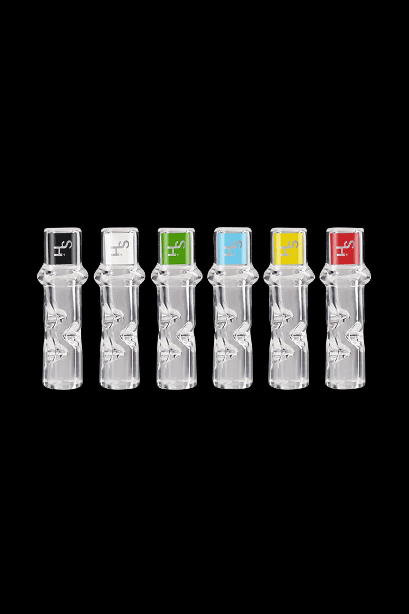 Six glass dab straws in various colors against a black background.