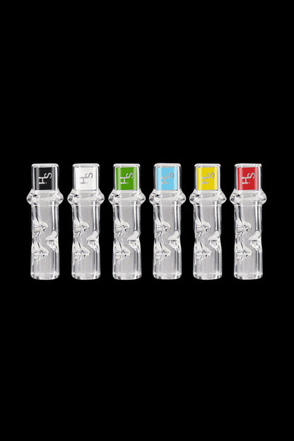 Six glass dab straws in various colors against a black background.