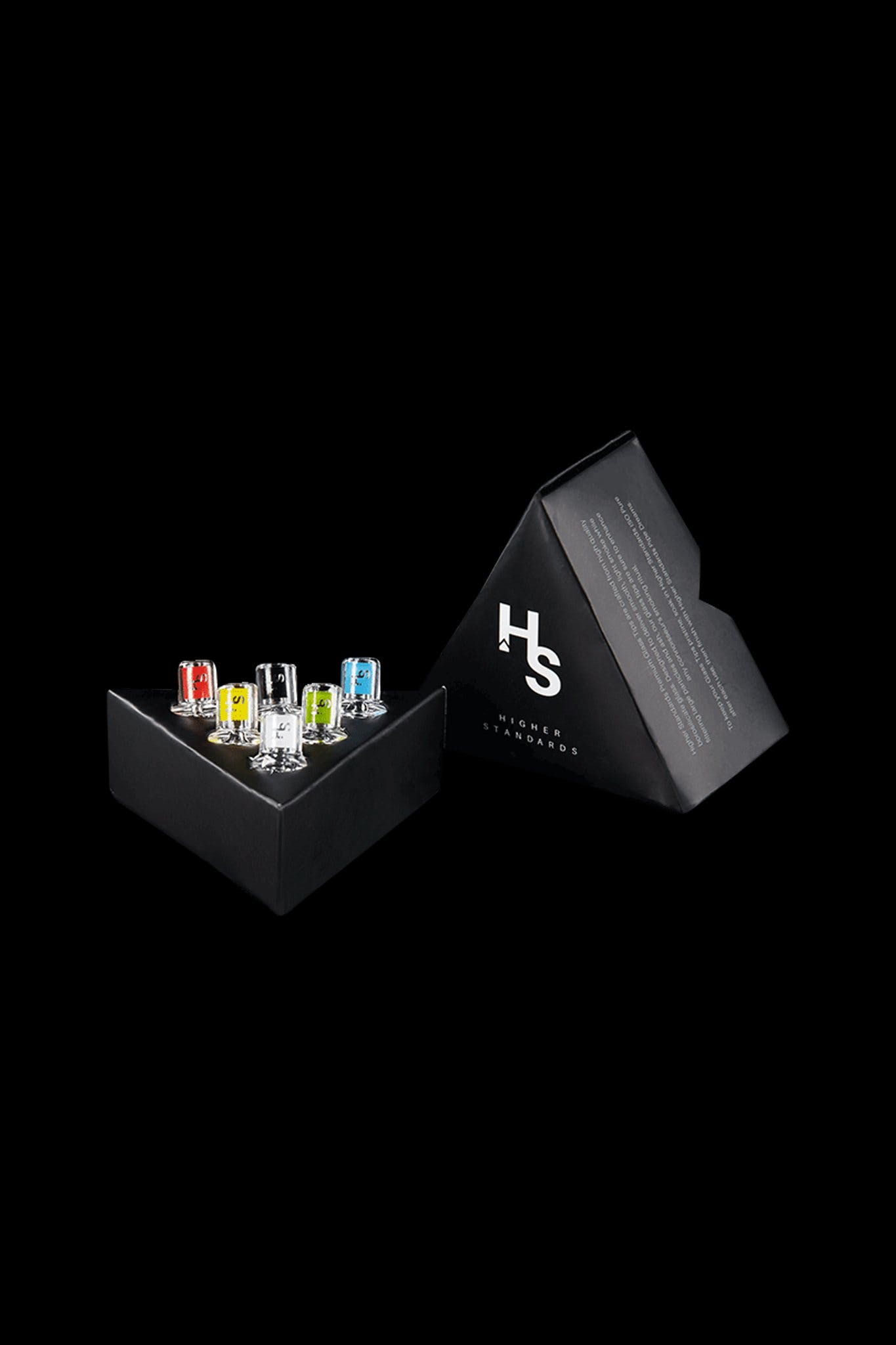 Black packaging with cannabis oil vials and a minimalist ""HS"" logo, representing a cannabis brand."