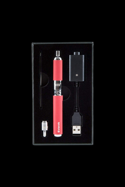 Red cannabis vape pen and accessories displayed in a black case.
