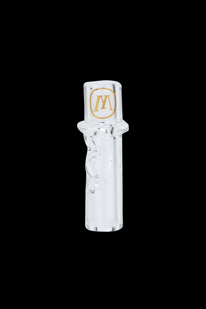 Frosted glass cannabis bubbler with a gold “MV” logo.