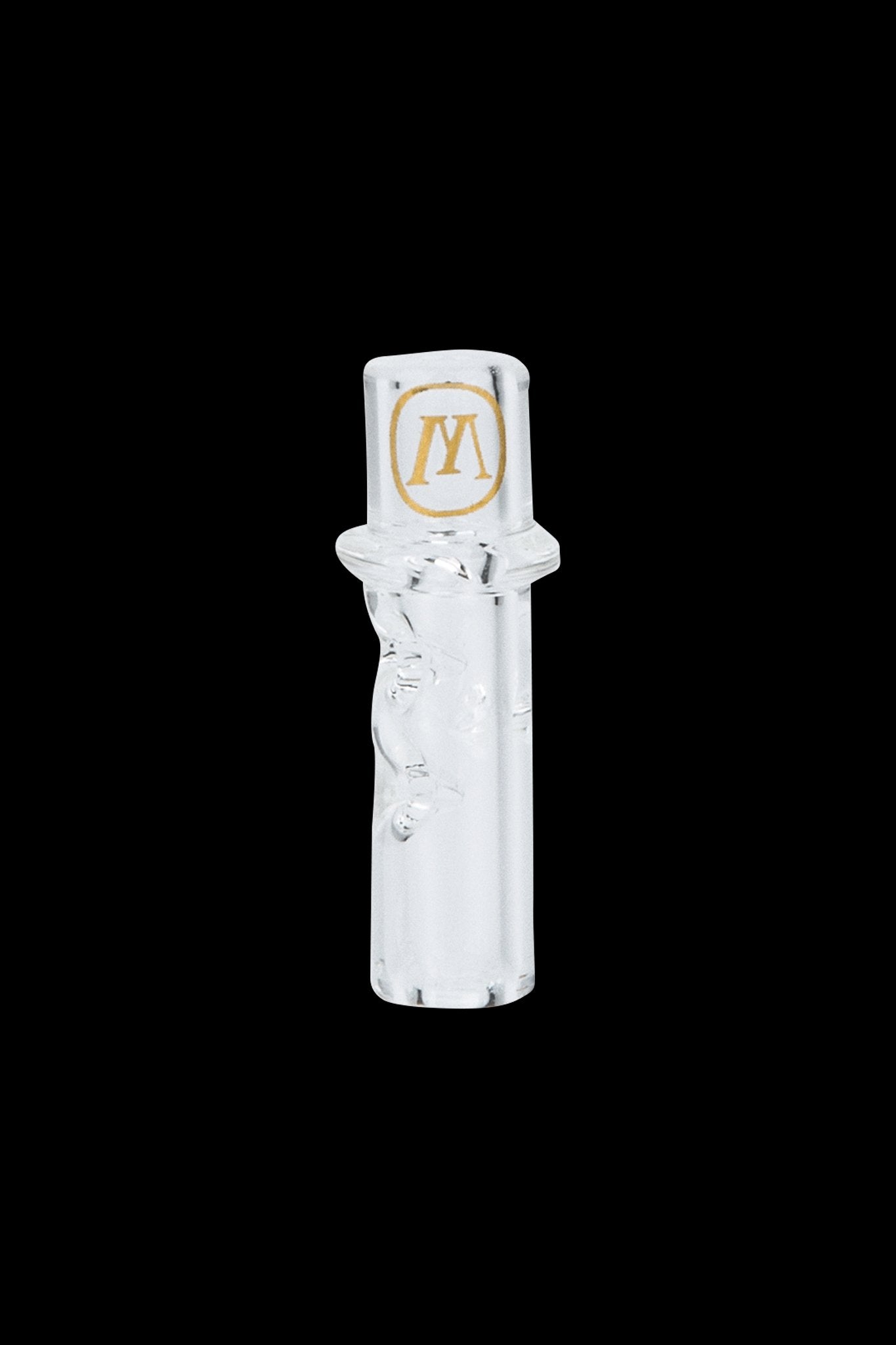 White glass dab nail with a gold “MV” logo.