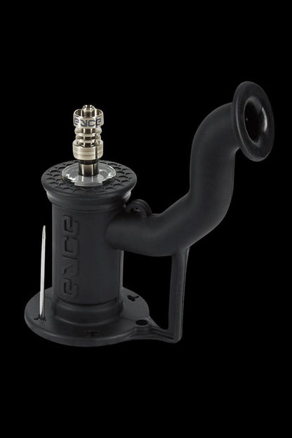 Black glass water pipe (rig) with metallic accents and a bowl piece.