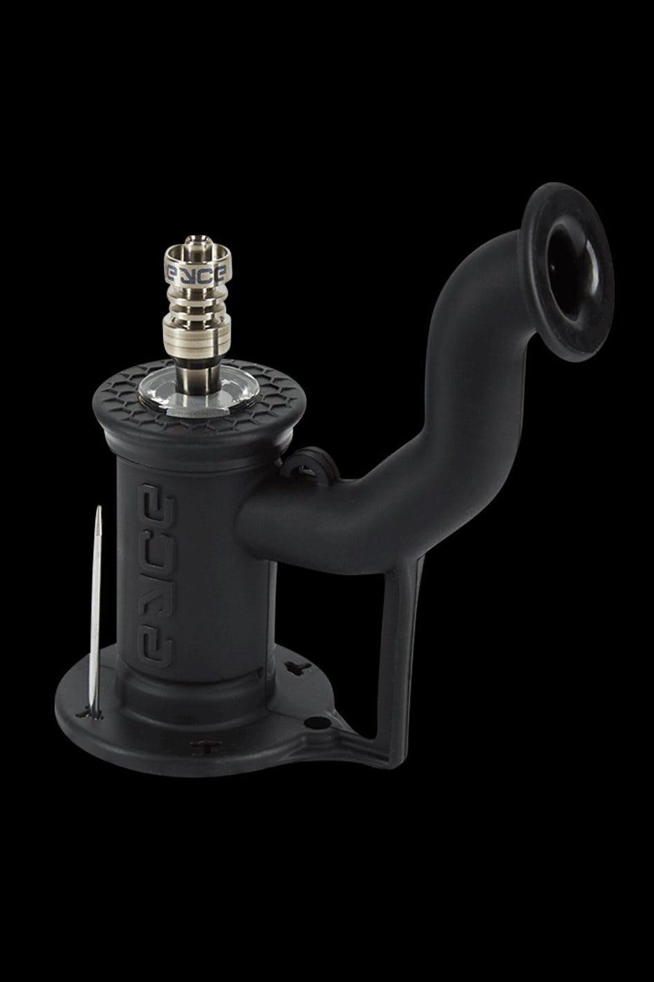 Black glass water pipe (rig) with metallic accents and a bowl piece.