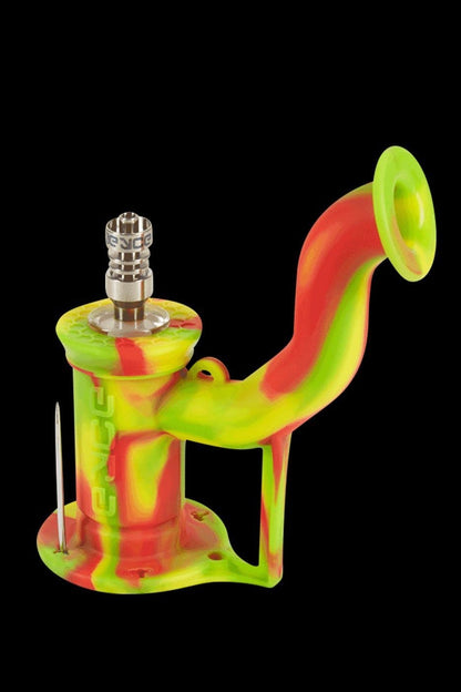 Silicone water pipe with metal downstem and bowl, red and green color scheme.
