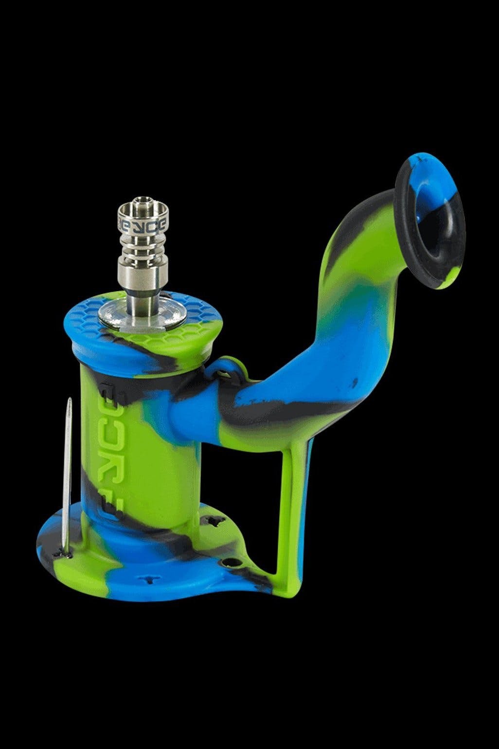 Green and blue silicone oil rig with a metal bowl and dab tool, isolated on a black background.