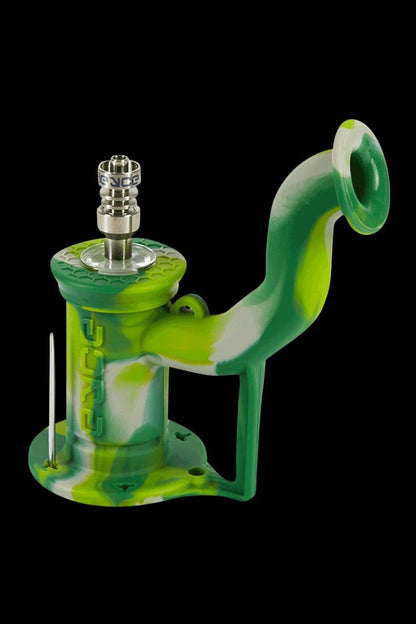 Green silicone oil rig with metal downstem and bowl.