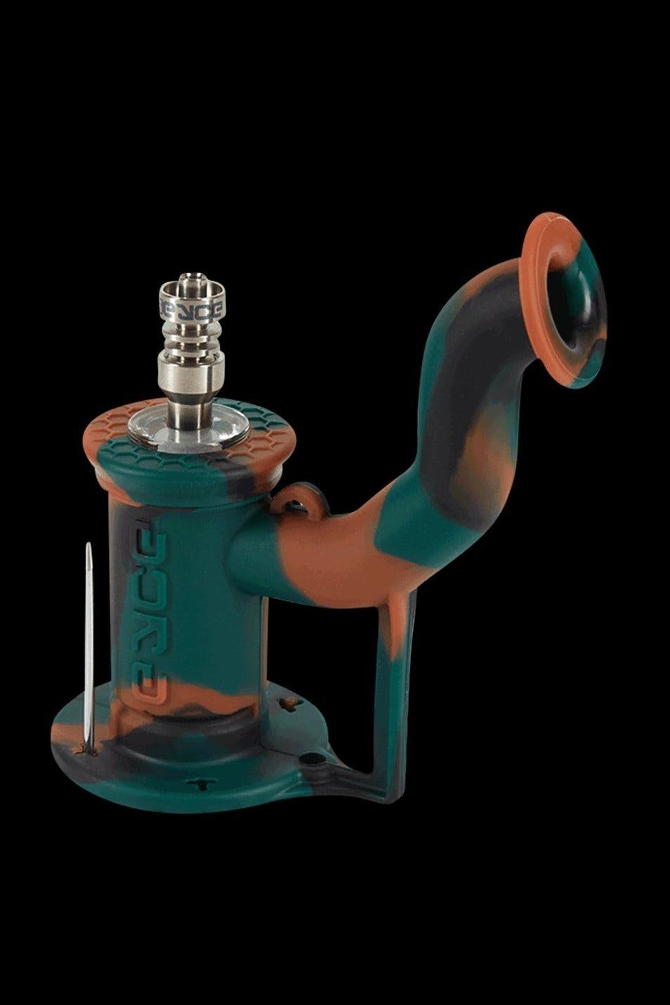 Green and orange silicone rig with glass downstem and bowl.