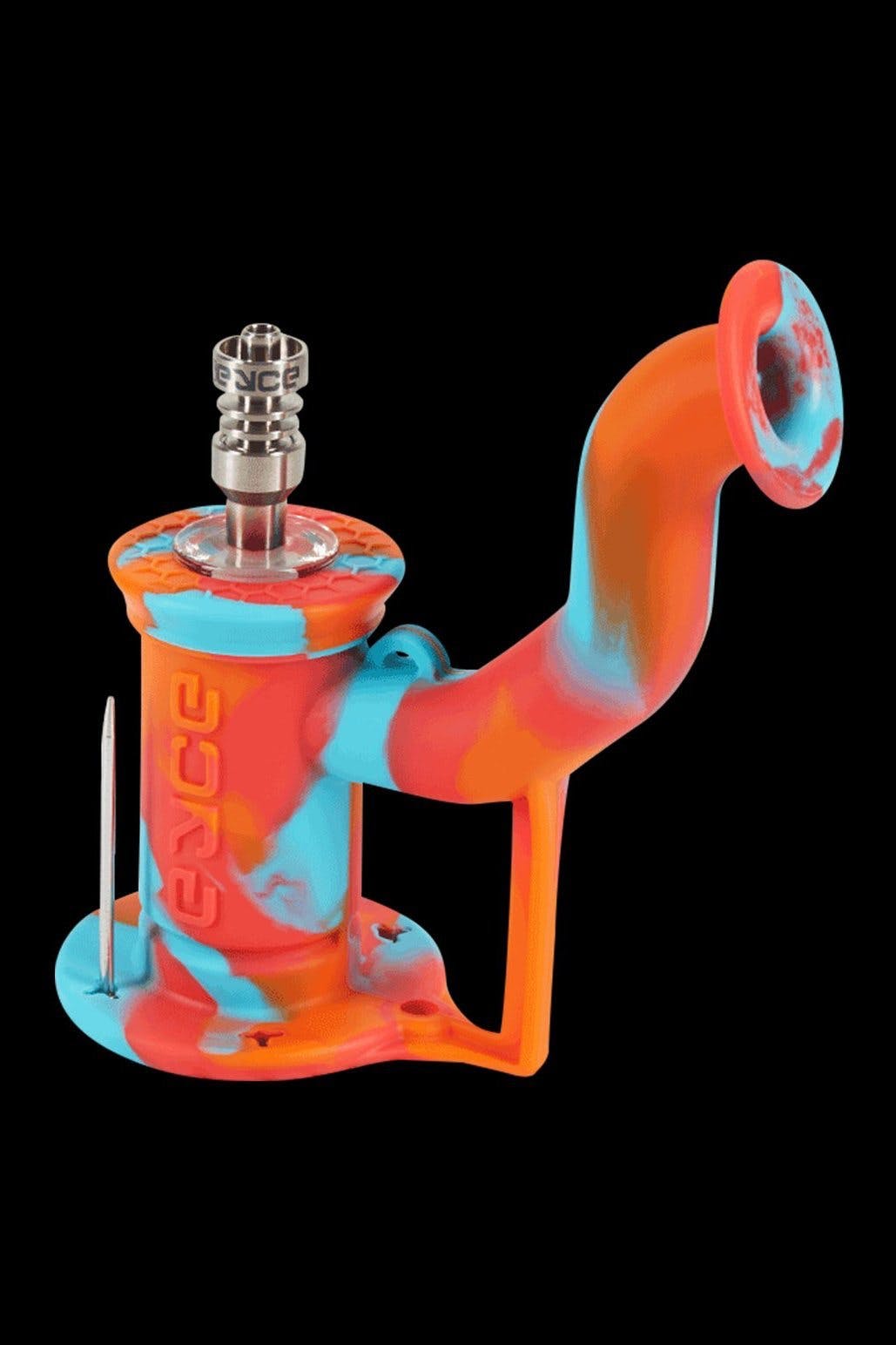 Colorful silicone oil rig with metal downstem and bowl.