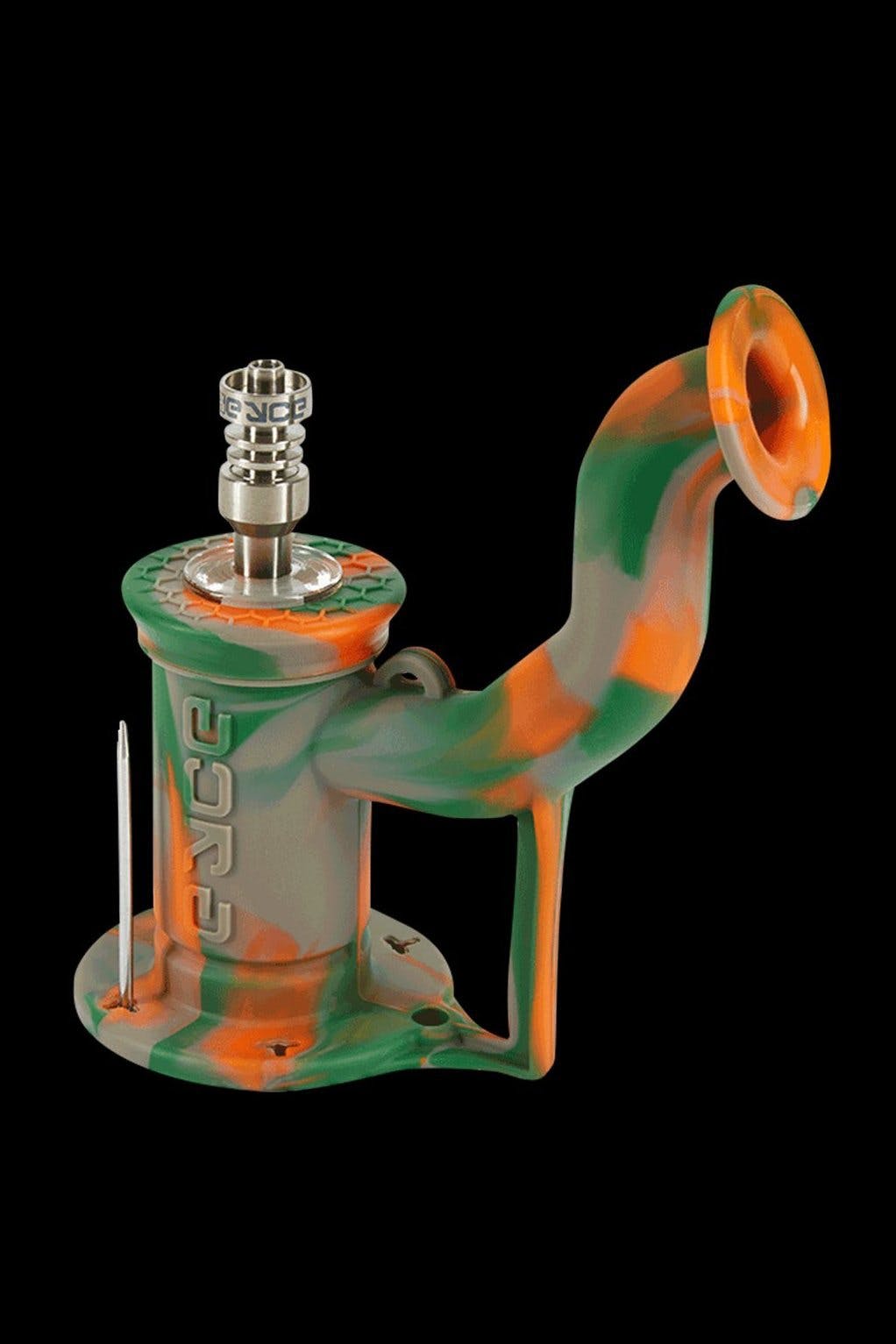 Green and orange silicone rig with a metal downstem and bowl, isolated on a black background.