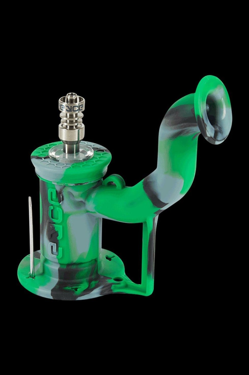 Green glass water pipe (bong) with metallic downstem, isolated on a black background.