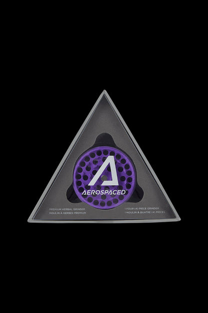 Triangular packaging for “Aerospaced” premium four-piece cannabis grinder, featuring a purple and silver design.