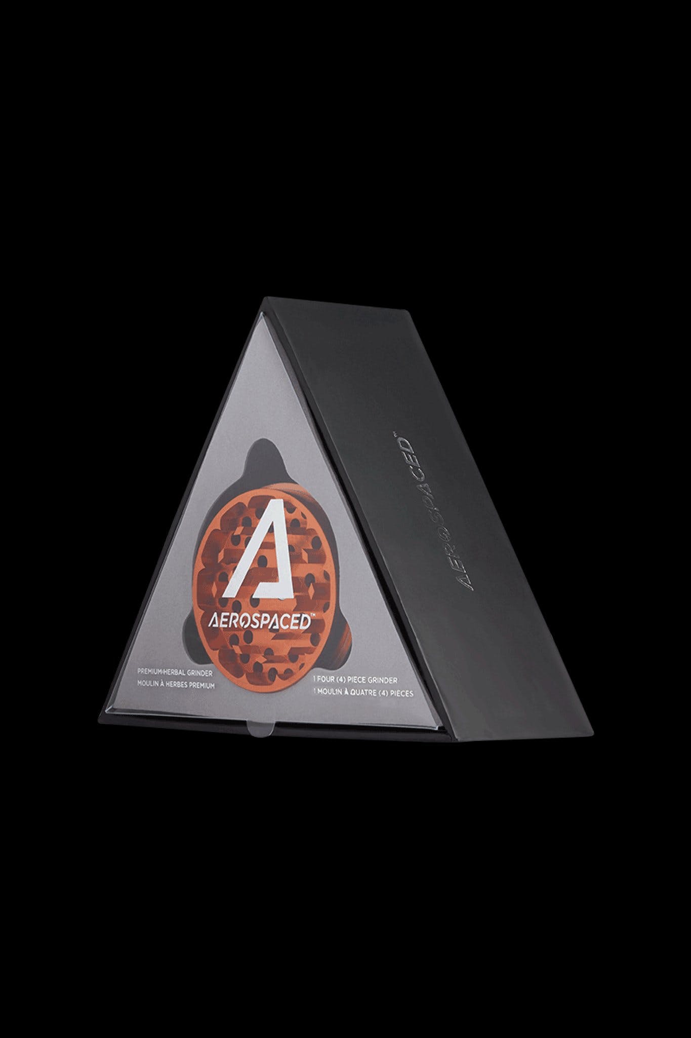 Black packaging for an "Aerospaced" premium four-piece cannabis grinder, featuring a red grinder visible inside.