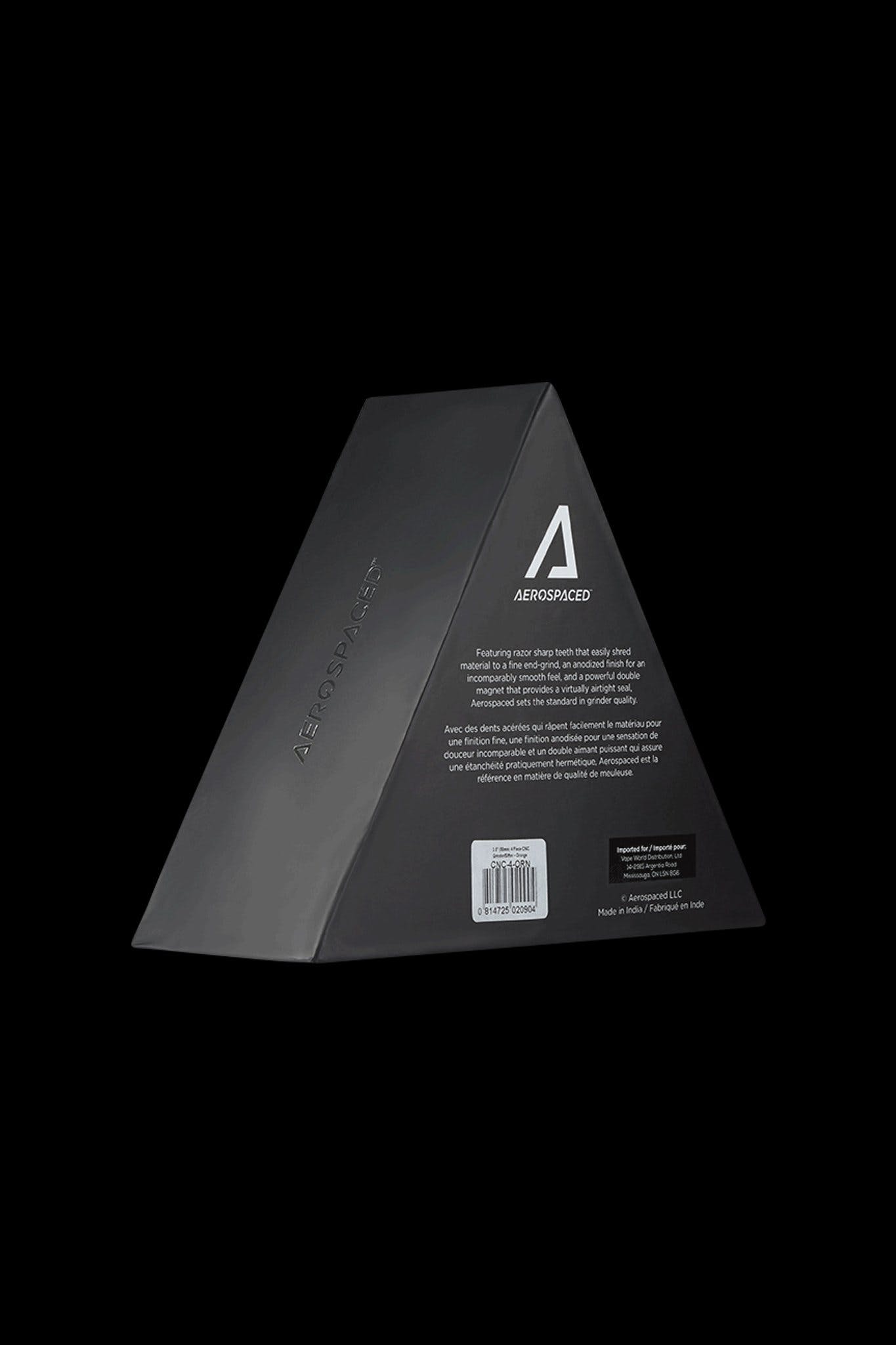 Black box for Aerospaced cannabis grinder with product details in white text.